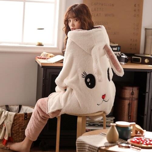 Pajamas autumn and winter womens sweet and lovely rabbit thickened Plush coral girls home clothes long two piece set