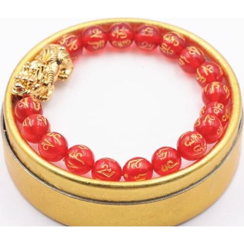 Lucky Beads Bracelet Brave Troop Pixiu Pray 10mm Round Faux Resin Ambers Rope Energy Buddhism Bangle Spirit Jewelry 7.5" A879