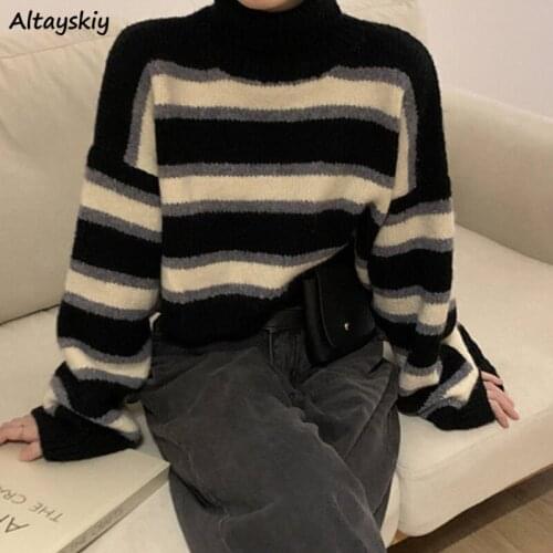 Striped Sweaters Women Panelled Turtleneck Retro Loose Korean Style All-match Ulzzang Popular Chic Female Pullovers Crop Comfort
