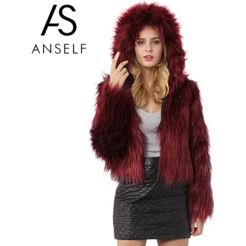 Anself Fashion Women Winter Crop Top Faux Fur Hooded Coat Long Sleeve Fluffy Jacket Short Party Streetwear Fourrure Outerwear