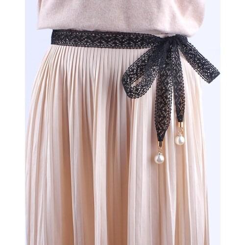 Women Fashion lace hollow girdle thin pearl belt rope for dresses tassel waistband belt knot decorated narrow ribbon black