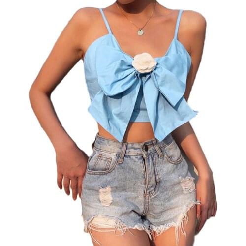 Womens Sexy Crop Cami Tops, Spaghetti Strap Sleeveless Backless 3D Flower Bow Knot Front Camisole Summer 2021