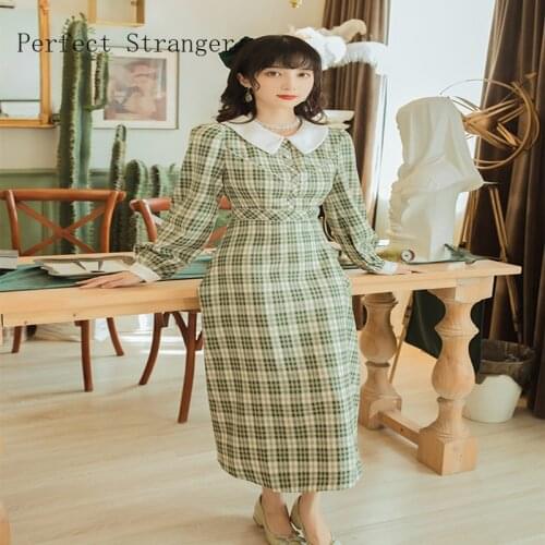 2021 Spring Autumn New Arrival Hot Sale Turn Down Collar Long Sleeve Plaid Women Long Dress