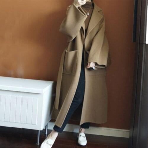 100% Wool Coat Women Office ladies Outwear Long Black Camel Autumn Winter Female Wool jacket with Belt Overcoat casaco feminino