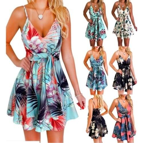 Fashion Sexy Women Dresses Summer 2020 Sleeveless V-neck Printed Short Dress Bandage Backless Plus Size Women Summer Dress S-5XL