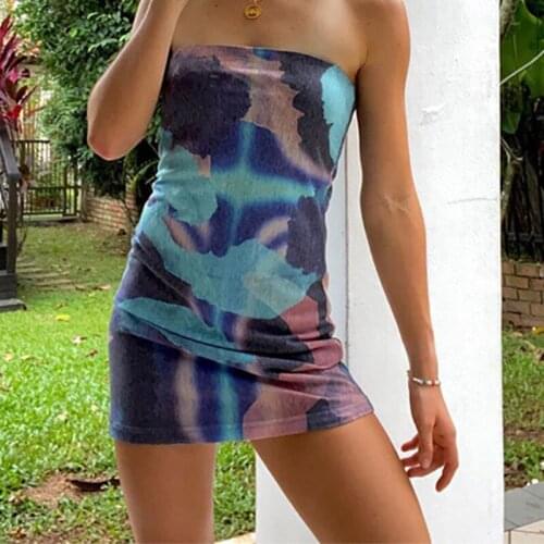 Strapless Tie Dye Print Dress Sexy Bodycon Casual 2021 Summer Dresses Streetwear Sleeveless Backless Y2k Party Women Dress