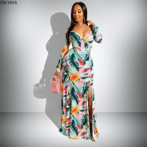 2020 Spring Summer Deep V-Neck Long Sleeve Floor Length Dress Sexy Open Fork Fashion Beach Maxi Print Loose Long Dresses GL884
