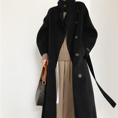 Hstar Long Sleeve Casual Vintage Belt 2021 Fashion Long Autumn Faux Wool Blend Woolen Coat Winter Warm Women Warm Wool Coat