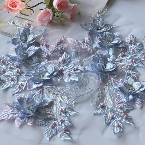 SASKIA 2PCS Sky Blue 3d Flower Embroidery Patch Mesh Fabrics Beaded Crystal Applique Sewing Dress Clothes Accessory Diy Patches