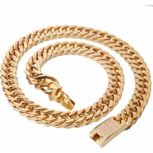 15mm Wide 7-40" Length Cool Gold Tone Mens Curb Cuban Chain Boys Fashion Stainless Steel Necklace