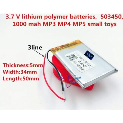 3 line 3.7V,1000mAH,[503450] PLIB; polymer lithium ion / Li-ion battery for GPS,mp3,mp4,mp5,dvd,,model toy