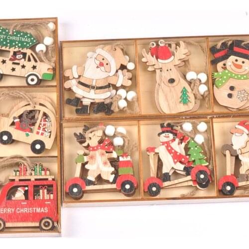 9Pcs/box New Cartoon Car Santa Claus Wood Chip Pendant Christmas Decorations Xmas Tree Hanging Ornaments DIY Accessories c2730