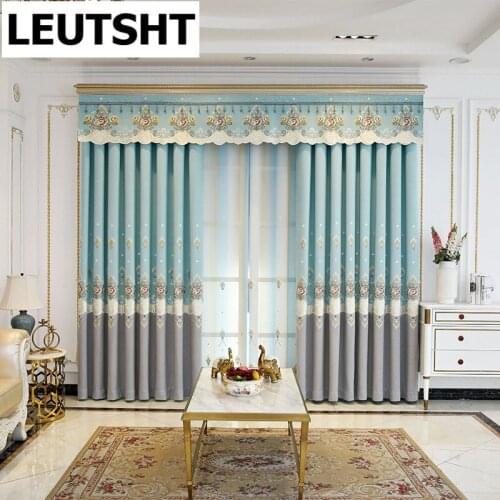 American Luxury Villa Blue Gray Embroidered Curtains for Living Room Bedroom Apartment Hotel Kitchen