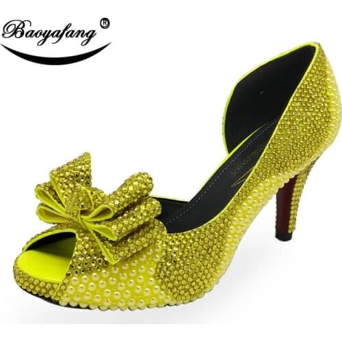 BaoYaFang Lemon Yellow Crystal Pearl women wedding shoes woman High heel pumps women Bowtie Red sole fashion shoe Royal Blue