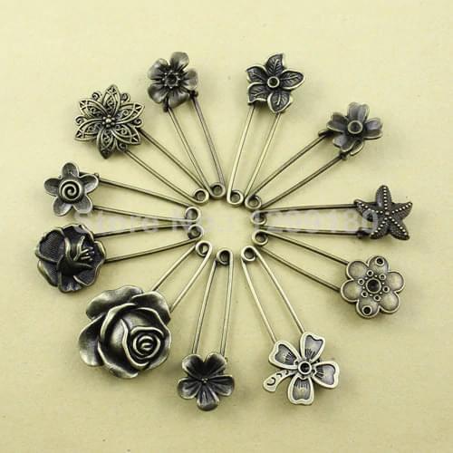 11pcs/lot Alloy Antique Brass Vintage Flower Brooch Safety Pins For Garment Accessories Scarf Clip pins Approx:54-57mm (K01934)