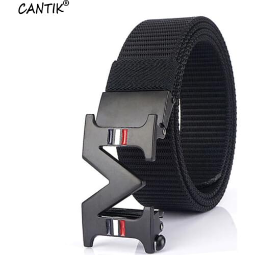 CANTIK Brand Name Quality Canvas Nylon Belts Men Fashion M Letter Automatic Buckle Metal Jeans Accessories 3.5cm Width CBCA242