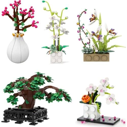 DIY Flowers Bouquet Orchid Phalaenopsis Plum Blossom Building Blocks Potted Plants Tree Vase Bricks Toys for Children Girls Gift