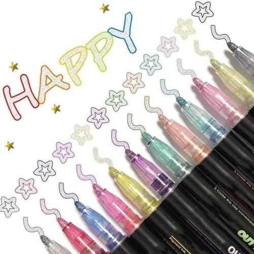 Double Lines Art Markers Pen 12 Colors Metallic Contour Pen Out Line Pen Highlighter Pen Stationery for Kids Painting