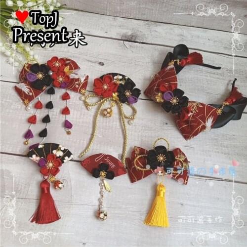 Lolita crane headdress Chinese style hairband KC side clip Japanese kimono accessories hairpin flower wine red black