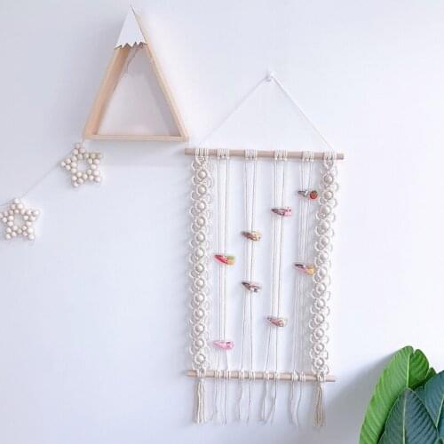 H3CD Boho Macrame Hair Bow Clip Holder Woven Tassel Hairpin Headband Wall Organizer