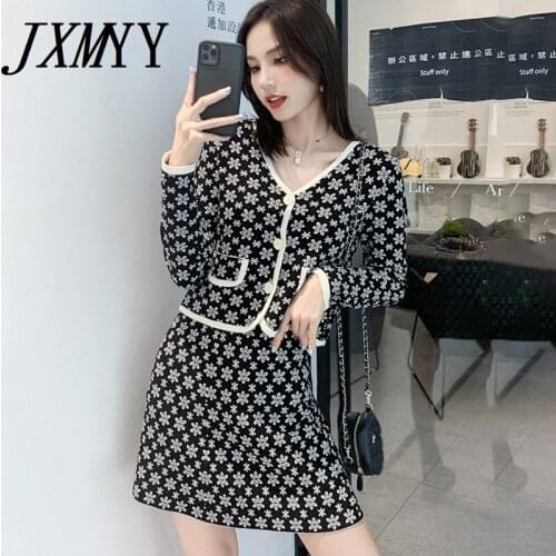 JXMYY Autumn And Winter New Style French Retro Fashion Temperament V-Neck Cardigan Sweater Color Two-Piece Suit Skirt Women