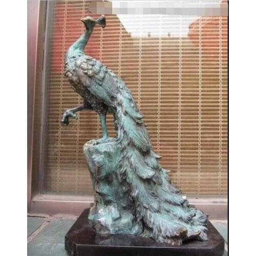 19"Chinese Classical Bronze Copper Statue Green peafowl peahen Art Sculpture