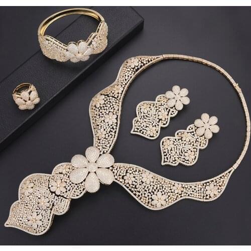 LARRAURI Trendy Cubic Zirconia Dress Lariat Necklace Earring Big Statement Flower Women Bridal Dubai Statement Jewelry Sets