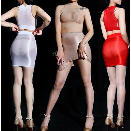 Pole Dancing Suit Women Lingerie Clothes Set Stockings Style Glossy Mesh See-Through Sleeveless Crop Top with Slim Fit Hip Skirt