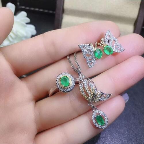 Real Natural Emerald jewelry set Natural Real Emerald 925 sterling silver 1pc pendant,1pc ring,2pcs Earring