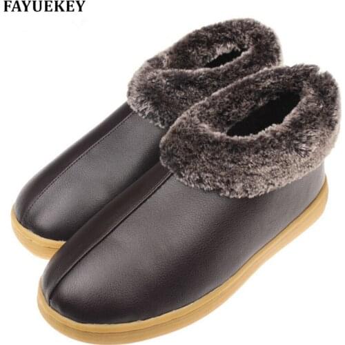 FAYUEKEY New Arrival Winter Fashion PU Leather Home Slippers Men Indoor\ Floor Slippers Warm Cotton Plush Non-slip Flat Shoes