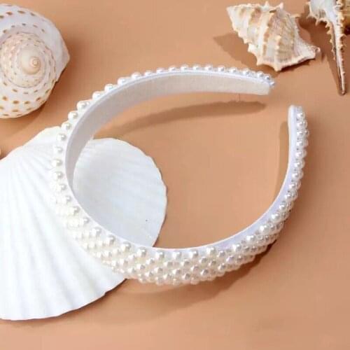 Pearl Hairband Women Elegant White Full Handmade Imitation Pearl Sweet Headband Bridal Crown Hair Accessories Wedding Decoration