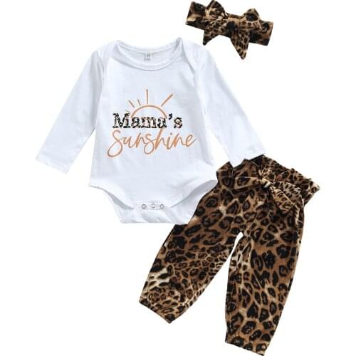 Citgeett Autumn Infant Baby Girls Clothes Letter Print Long Sleeve Romper and Leopard Long Pants Headband Spring Set