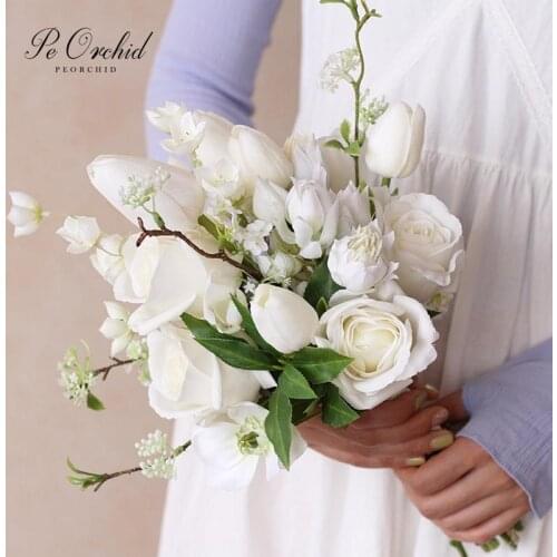 PEORCHID Rose Tulip White Wedding Bouquet Collection New Artificial Bride Holding Flowers Church Bridal Bouquet Deco Mariage