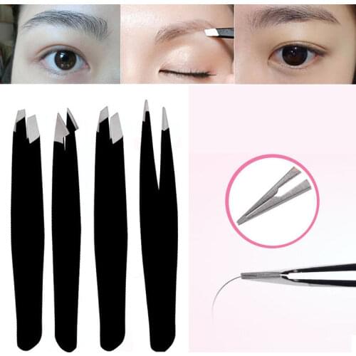4pcs/set Stainless Steel Slant Tip Tweezer Precision Eyebrow Hair Remover Tools