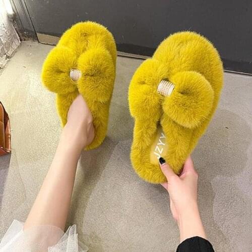 Women Fur Slides Ladies Flip Flops Rhinestone Bowknot Candy Color Thick-soled Furry Slippers Womens Outerwear Winter Shoes