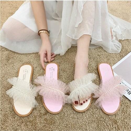 Fashion Summer New Slippers Women Outer Wear 2020 String Bead Gauze Slides Square Heel Low (1cm-3cm) Transparent High Quality