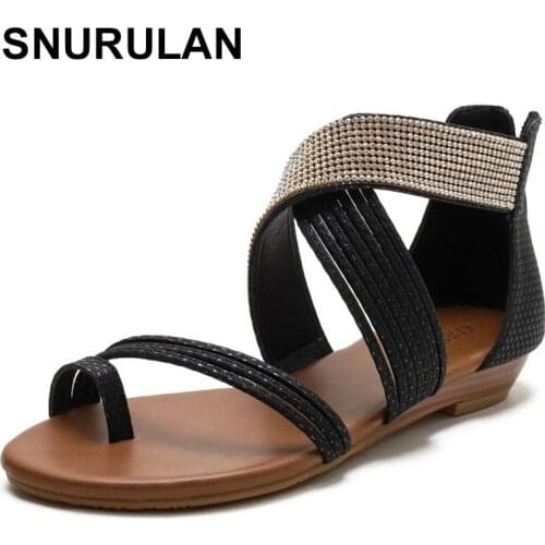 SNURULANWomens Sandals Summer Fashion Sandals Female Square Heel Buckle Beach Casual Bohemia Style Sandals Plus Size CrossStrap