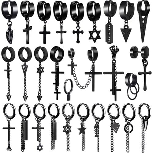 SOHOT Black Gothic Screw Cross Star Leaf Round Triangle Geometry Fish Bone Hoop Earrings Unisex Man Titanium Steel Punk Multiple