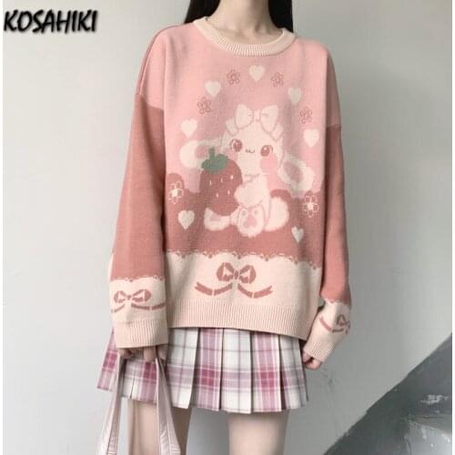 KOSAHIKI Japanese Kawaii Knitting Sweater Women Cute Cartoon Print Pink Pullover New Autumn Winter Vintage Jumper Top
