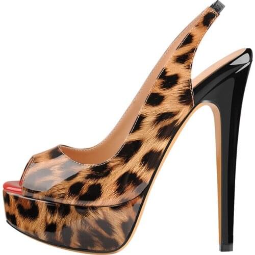 Richealnana Womens Platform Peep Toe Black Thin High Heel Patent Leather Sandals Sexy Leopard Buckle Strap Party Dress Shoes