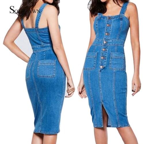 Denim Dress Summer Spaghetti Strap Sundress Vintage Casual Solid High Waist Sexy Slim Jeans Button Front Party Dress Women 2020