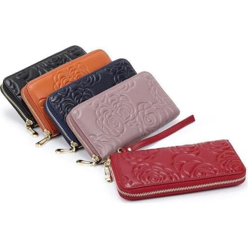 Fashion Manufacturer Womens Wallet Leather Long Single Zipper Bag Camellia Flower Head Coin Purse Porte Monnaie Femme