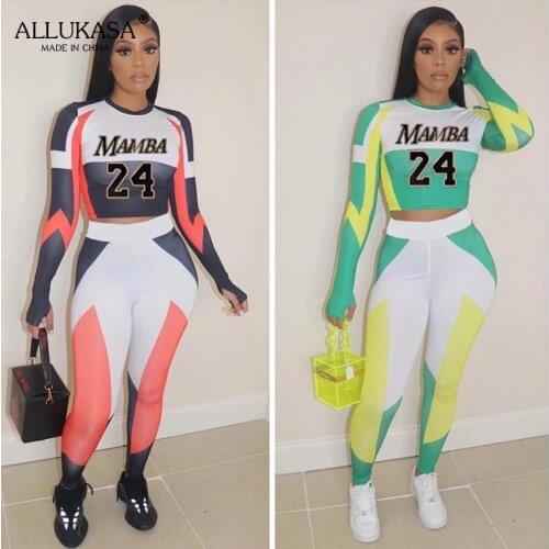Ladies O-neck letter print tight fitness sports suit sportswear stretch T-shirt top and leggings two-piece street club suit