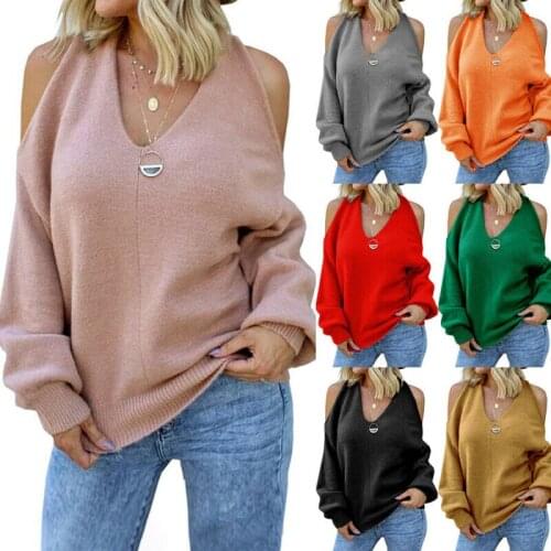 Womens Cold Shoulder Long Sleeve Sweater Ladies Casual Plain Pullover Jumper Top