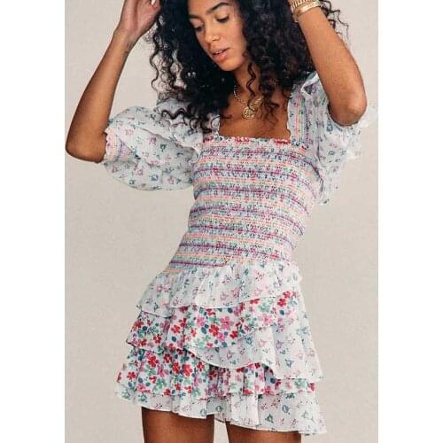 2021 Inspired Mixed Floral Prints Ruffled Party Dress Puff Sleeve Square Neck Smocked Sexy Laides Dress Mini Chic Summer Dress