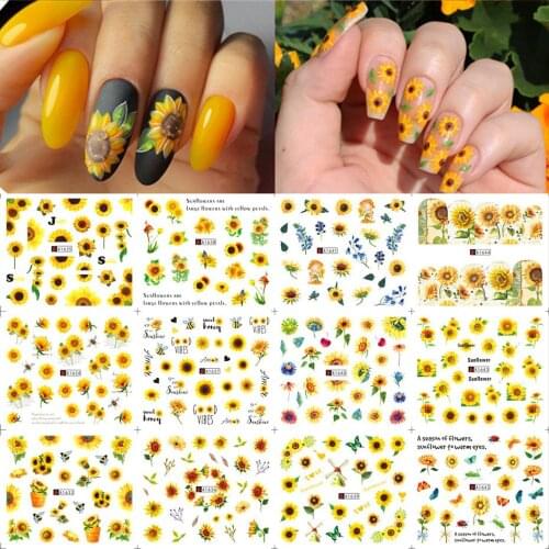 12pcs Sunflower Nail Water Decals Yellow Flowers Sliders for Nails Transfer Sticker Spring Floral Butterfly Bee Manicure Wraps