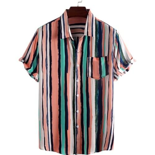 2020 Fashion Hawaiian Shirt Mens Graffiti Striped Printed Short Sleeve Pink Shirts Men Korean Clothes