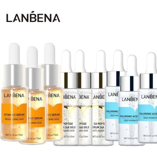 LANBENA 24K Gold Six Peptides Serum+Vitamin C+Hyaluronic Acid Anti-Aging Face Cream Acne Moisturizing Whitening Skin Care 9PCS