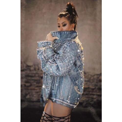 Sparkly Rhinestones Pearl Beads Loose Blue Cowboy Coat Denim Jacket Hip Hop Dancer DJ Singer Stage Wear Nightclub Dance Costume