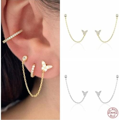 BOAKO 925 Sterling Silver Korean Elegant Butterfly Chain Drop Earrings For Women Students Fashion Zircon Brincos Jewelry Gifts